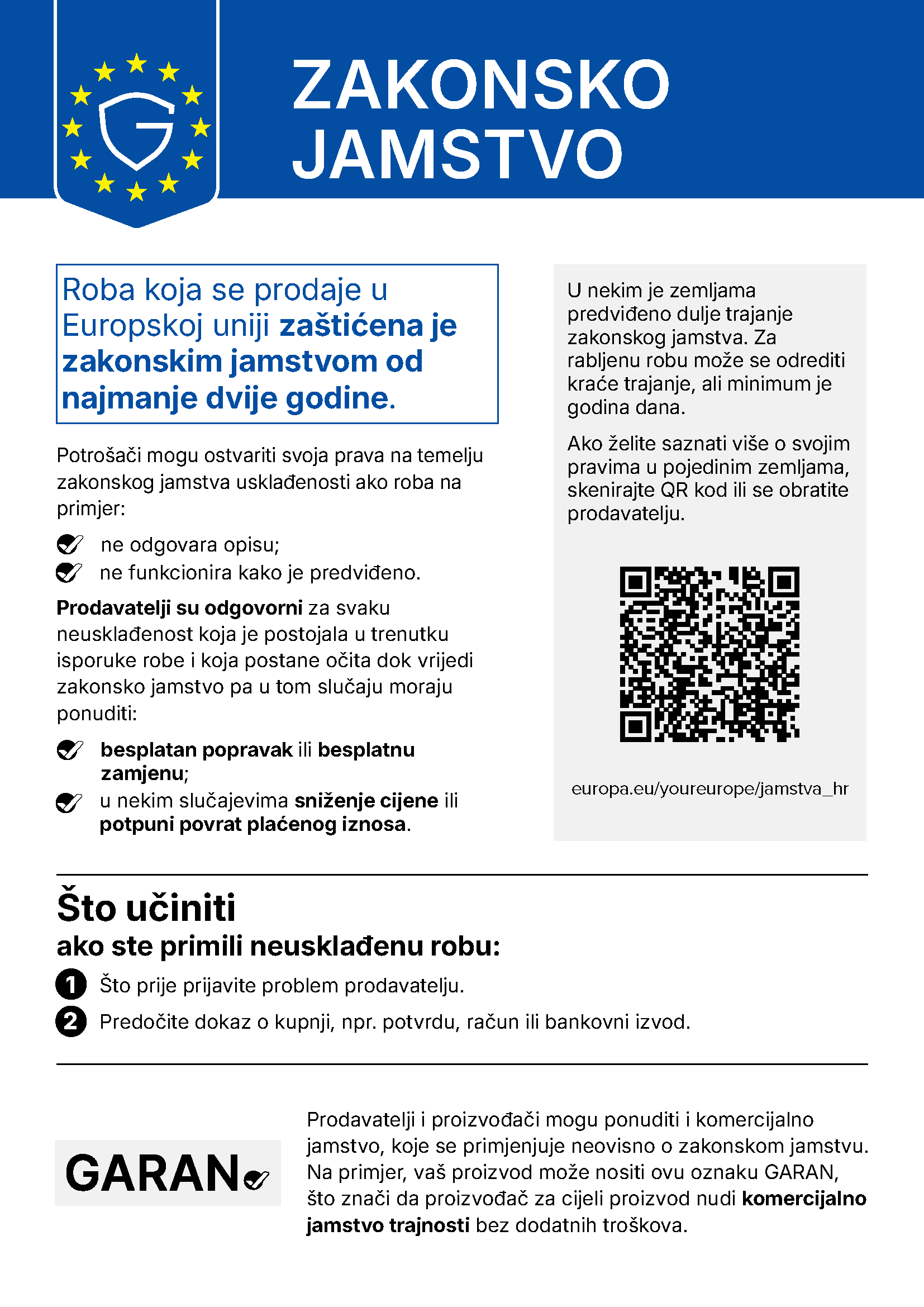 Obavijest o zakonskom jamstvu – za robu prodanu u Europskoj uniji vrijedi najmanje dvogodišnja zaštita
