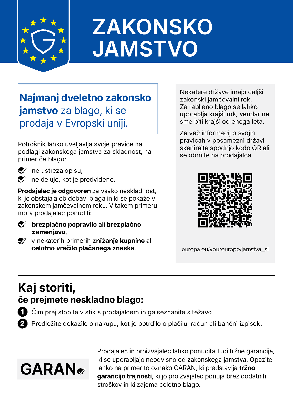 Zakonska garancija – za blago, prodano v Evropski uniji, velja najmanj dveletno varstvo